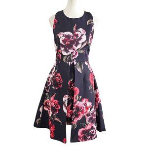 KEEPSAKE BLACK FLORAL SATIN COCKTAIL FIT & FLARE DRESS - S